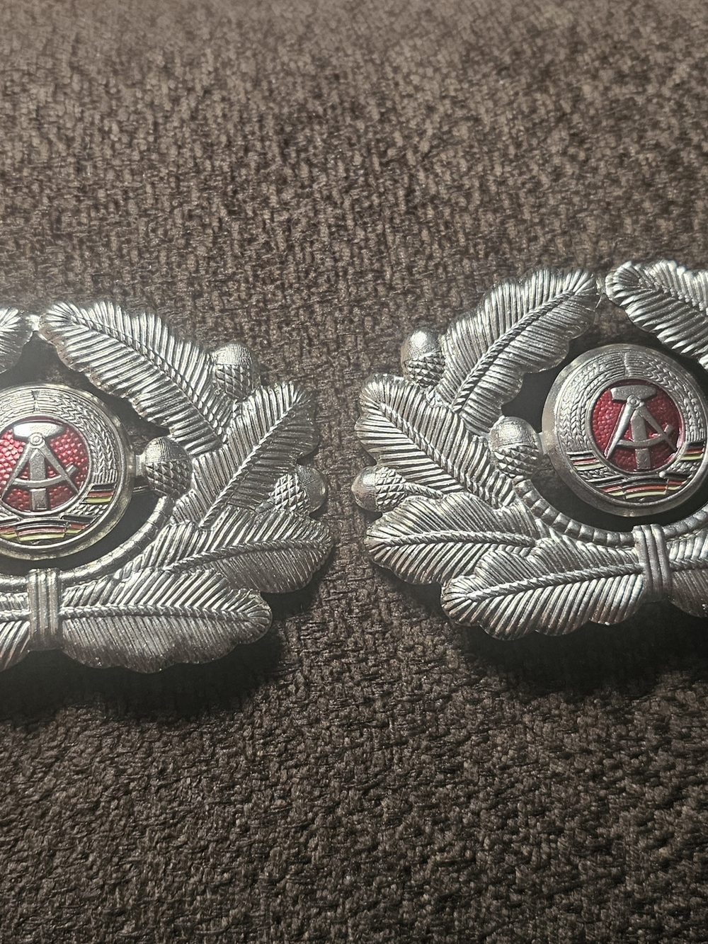 2 East German NVA Military Cap Badges DDR Visor Hat Insignia W/wreath & Emblem